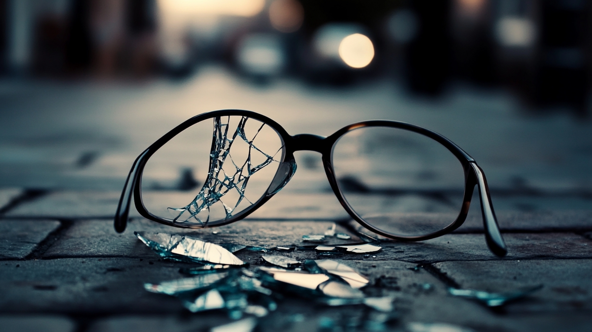 Close-up of a pair of broken glasses on a sidewalk, highlighting the theme of fragility and loss.