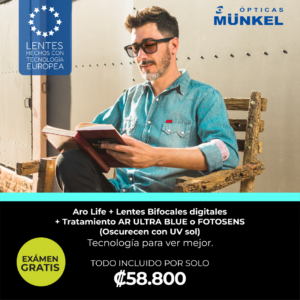 Hombre leyendo al aire libre usando lentes bifocales digitales fotosensibles Aro Life de Ópticas Munkel.