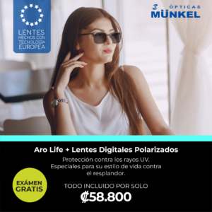 Mujer usando lentes digitales polarizados Aro Life con protección UV en ambiente exterior.