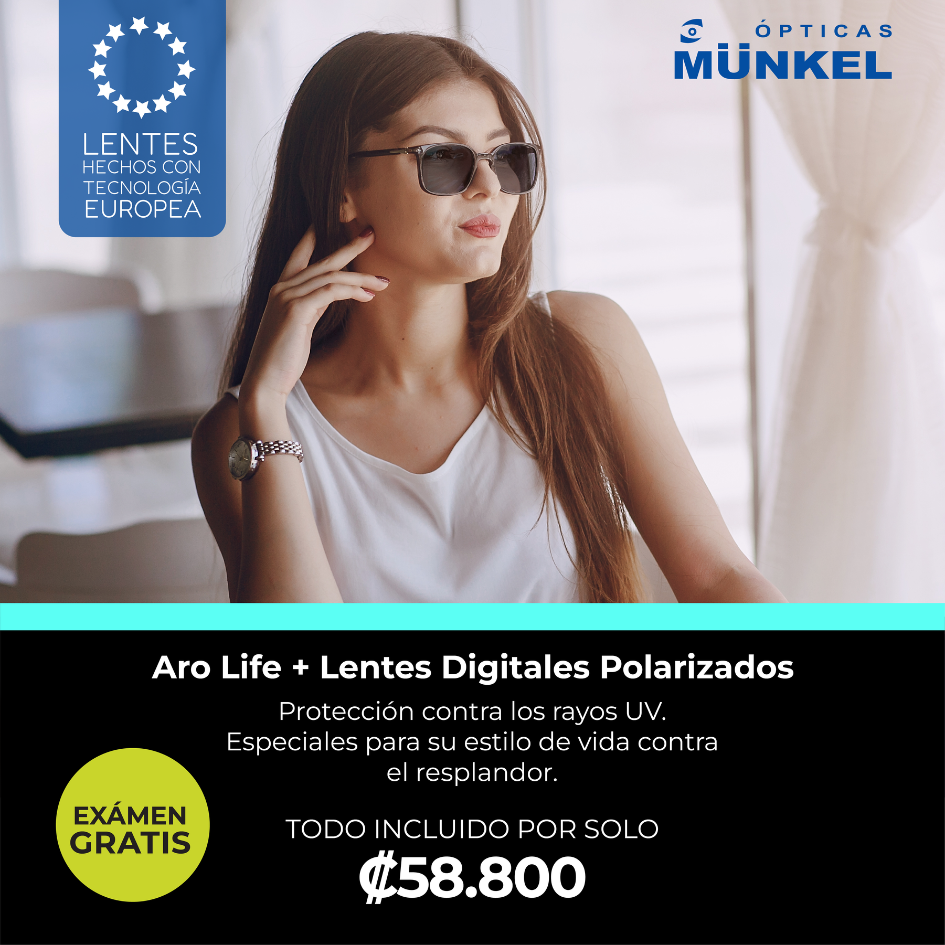 Mujer usando lentes digitales polarizados Aro Life con protección UV en ambiente exterior.