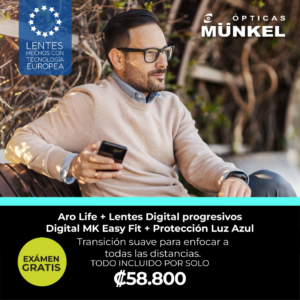 Hombre usando lentes progresivos digitales Easy Fit con protección de luz azul de Ópticas Munkel.