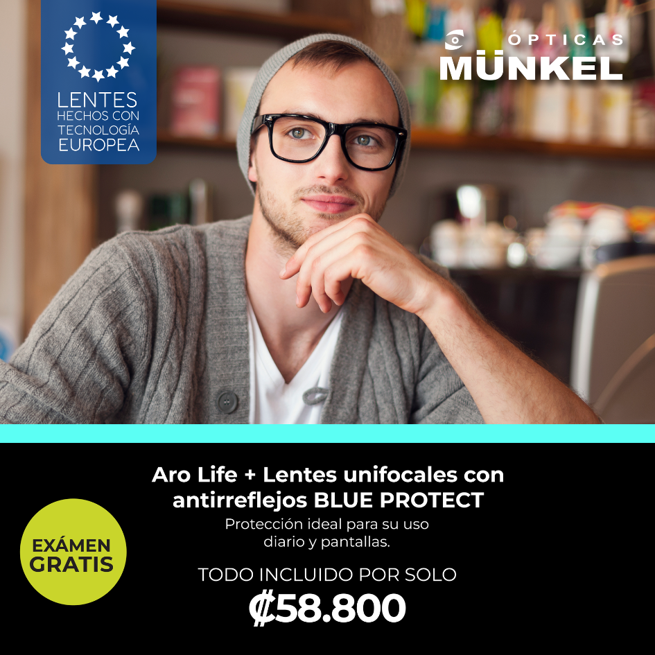 Hombre joven usando lentes Aro Life con antirreflejo Blue Protect para uso diario y pantallas en Ópticas Munkel.